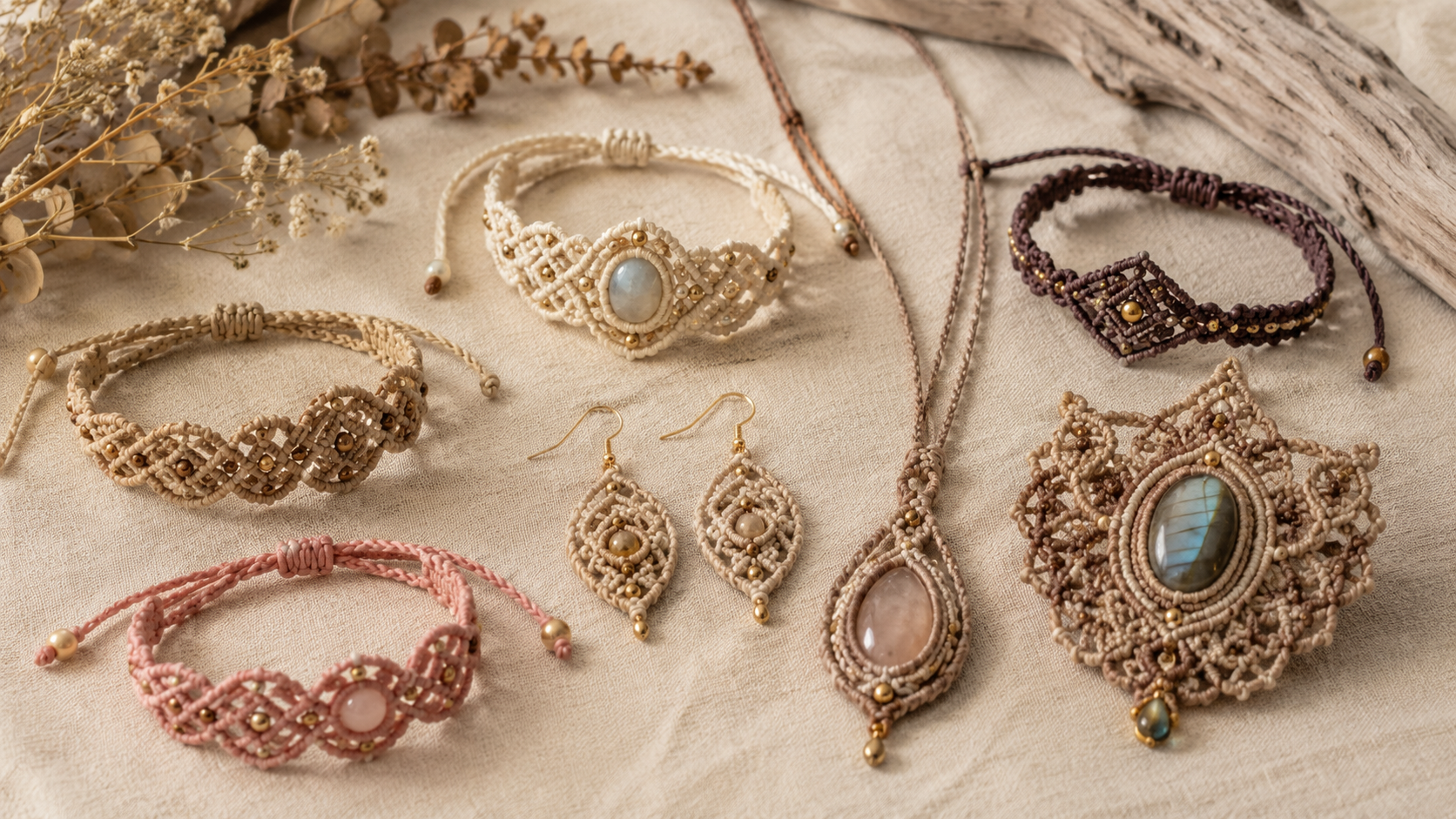 Handmade macrame jewelry including bracelets, necklace and earrings