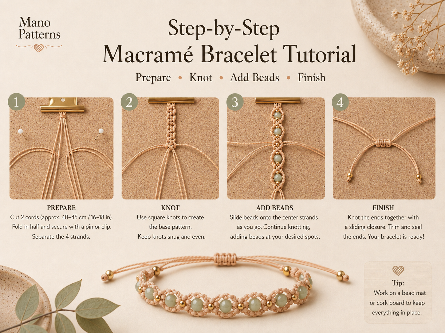 Bracelet making steps from measuring cord to finishing the closure