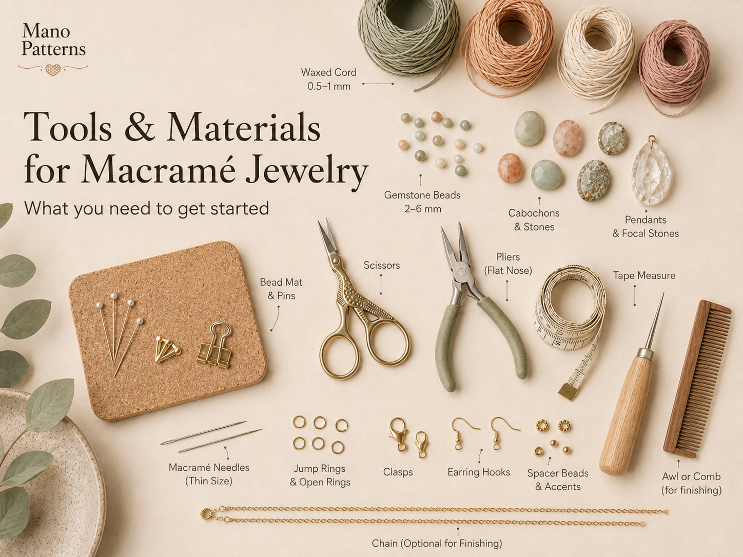 Fine cord beads scissors pliers findings and measuring tape on a craft surface