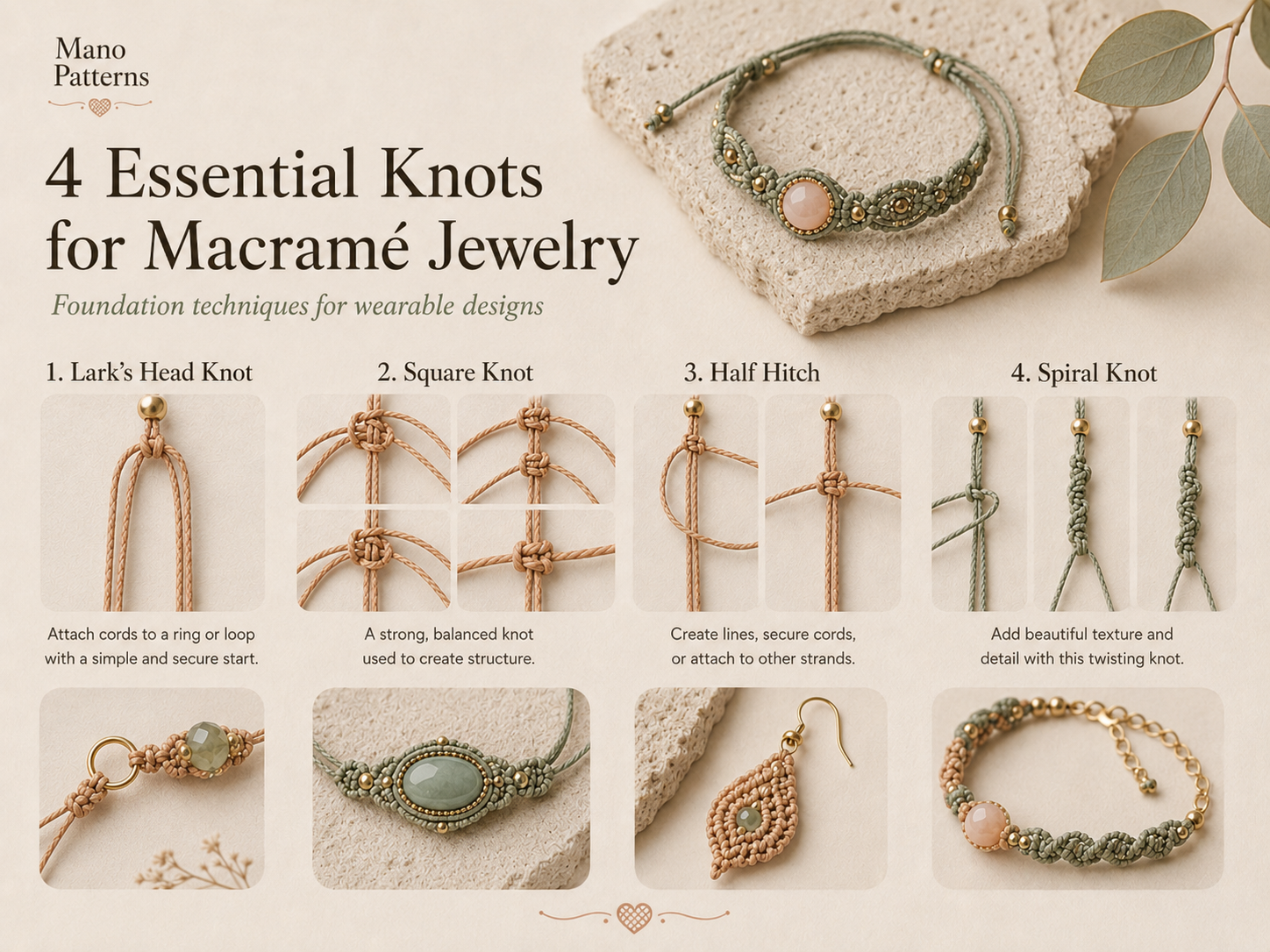 Square knot spiral knot larks head knot and double half hitch examples