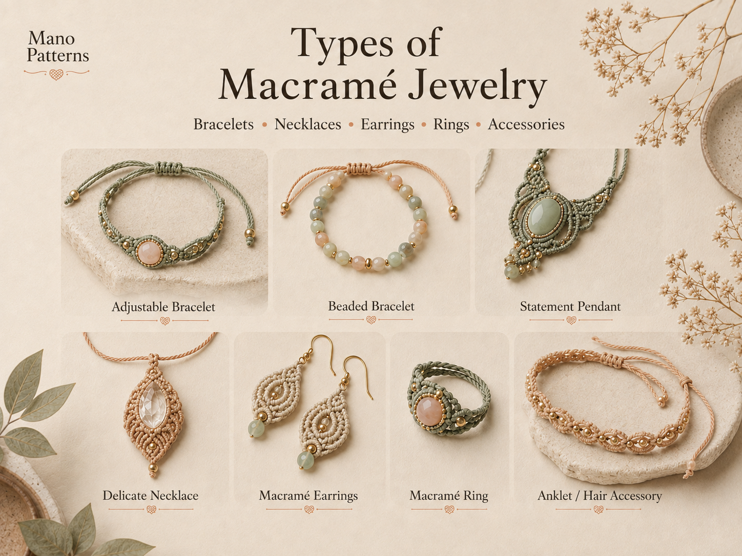 Macrame jewelry including bracelets necklaces earrings rings and accessories