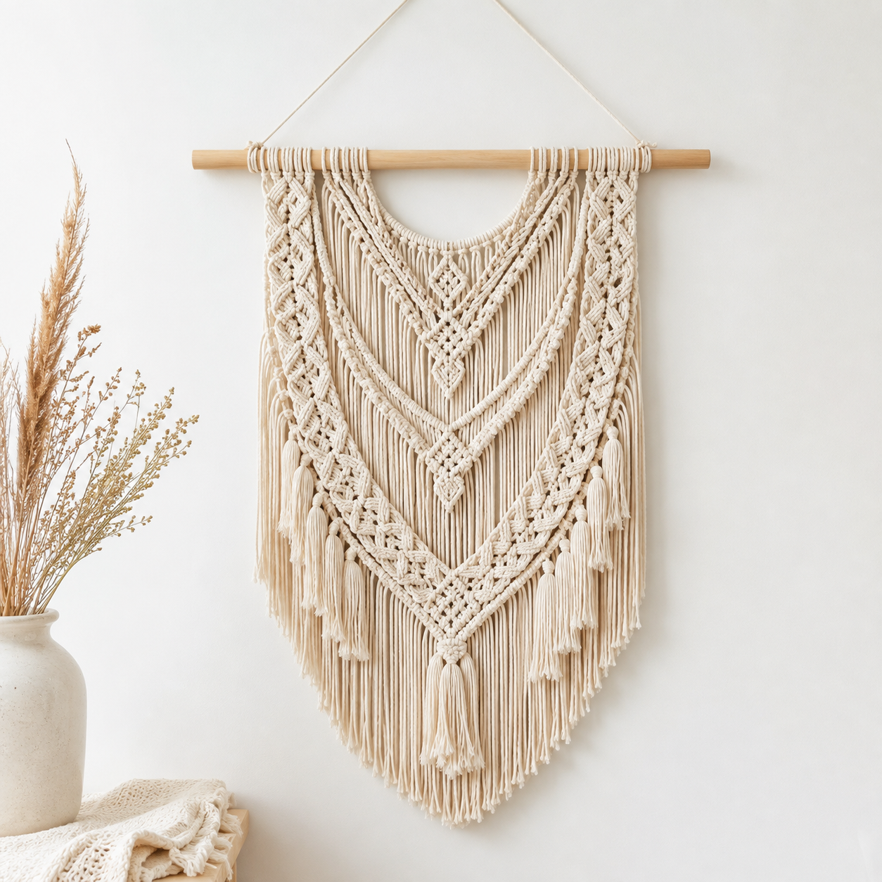 Handmade macrame wall hanging with detailed knotwork