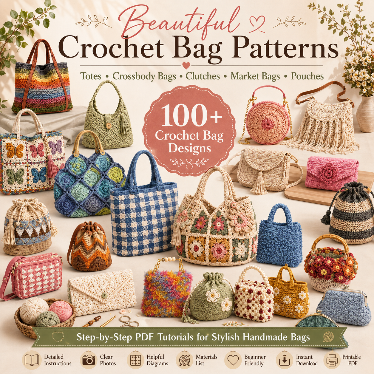 100 plus crochet bag patterns collection with totes purses and handmade bags