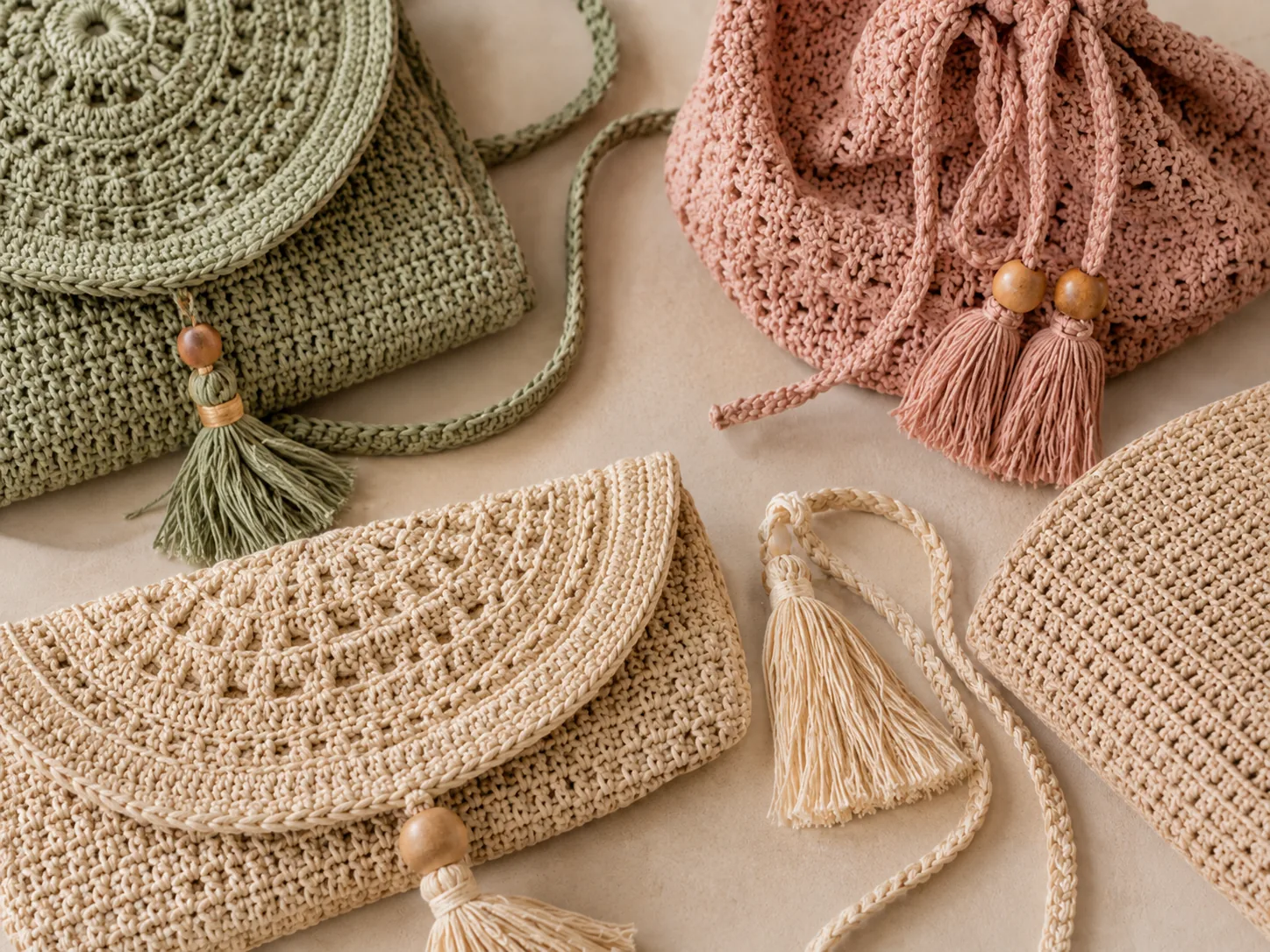 Crocheted bag panels and accessories showing different construction textures and shapes