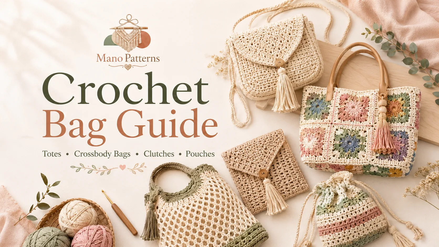 Crochet bag guide with handmade tote bags, purses, yarn, handles and lining materials
