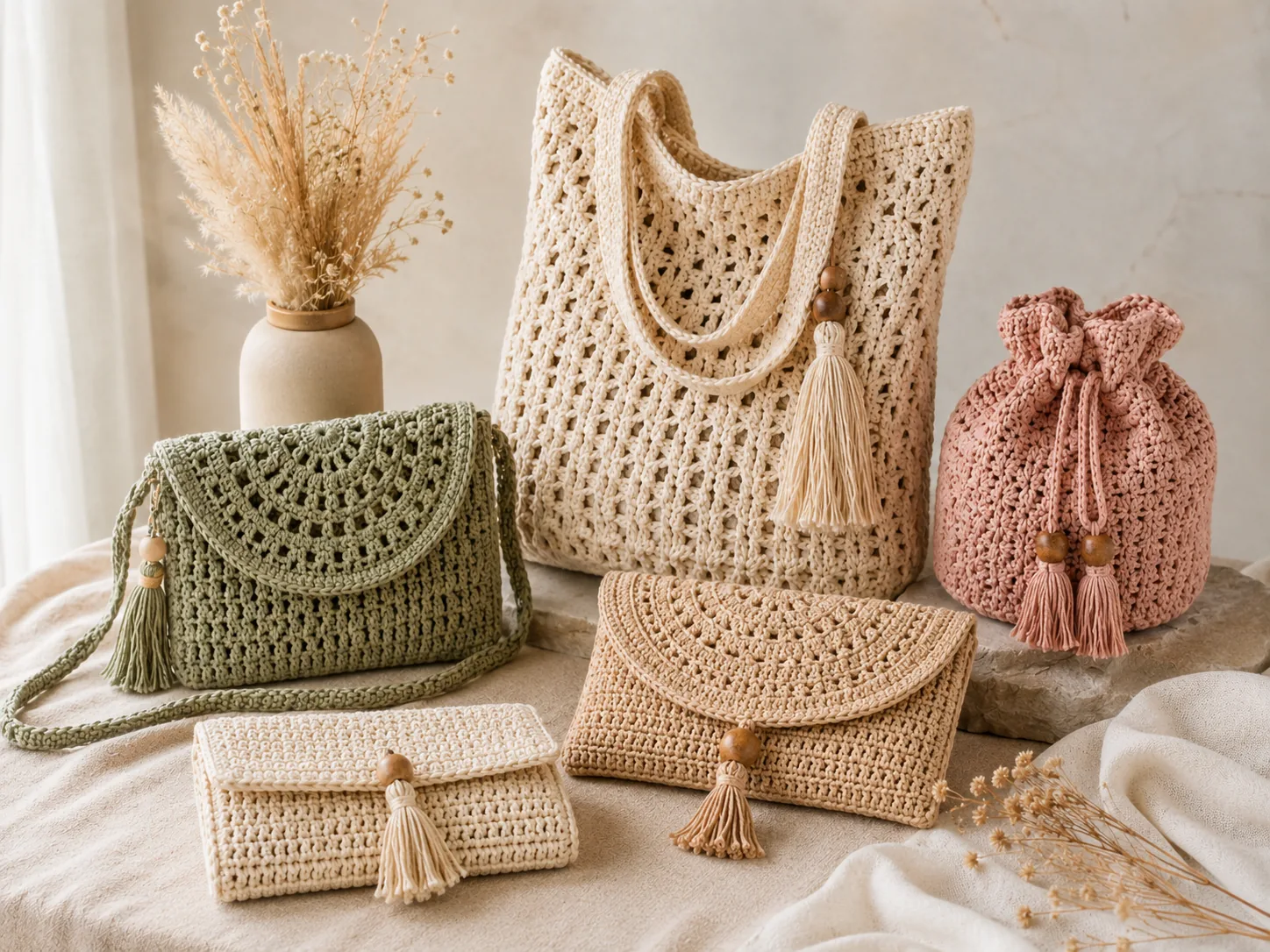 Finished handmade bags showing handles, straps, drawstrings, tassels and structured shapes