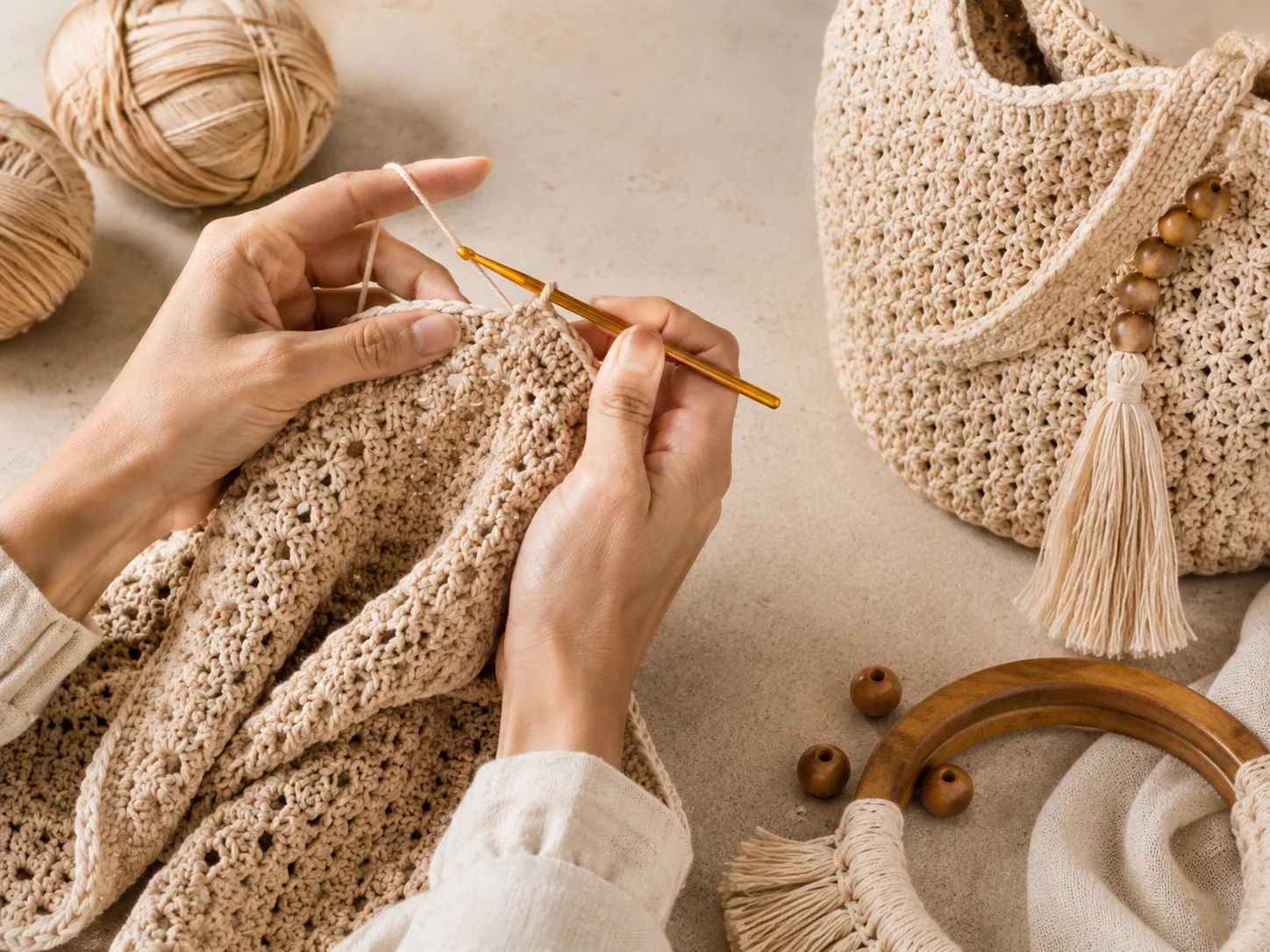 Hands crocheting a bag panel beside yarn, wooden handles, beads and a finished tote