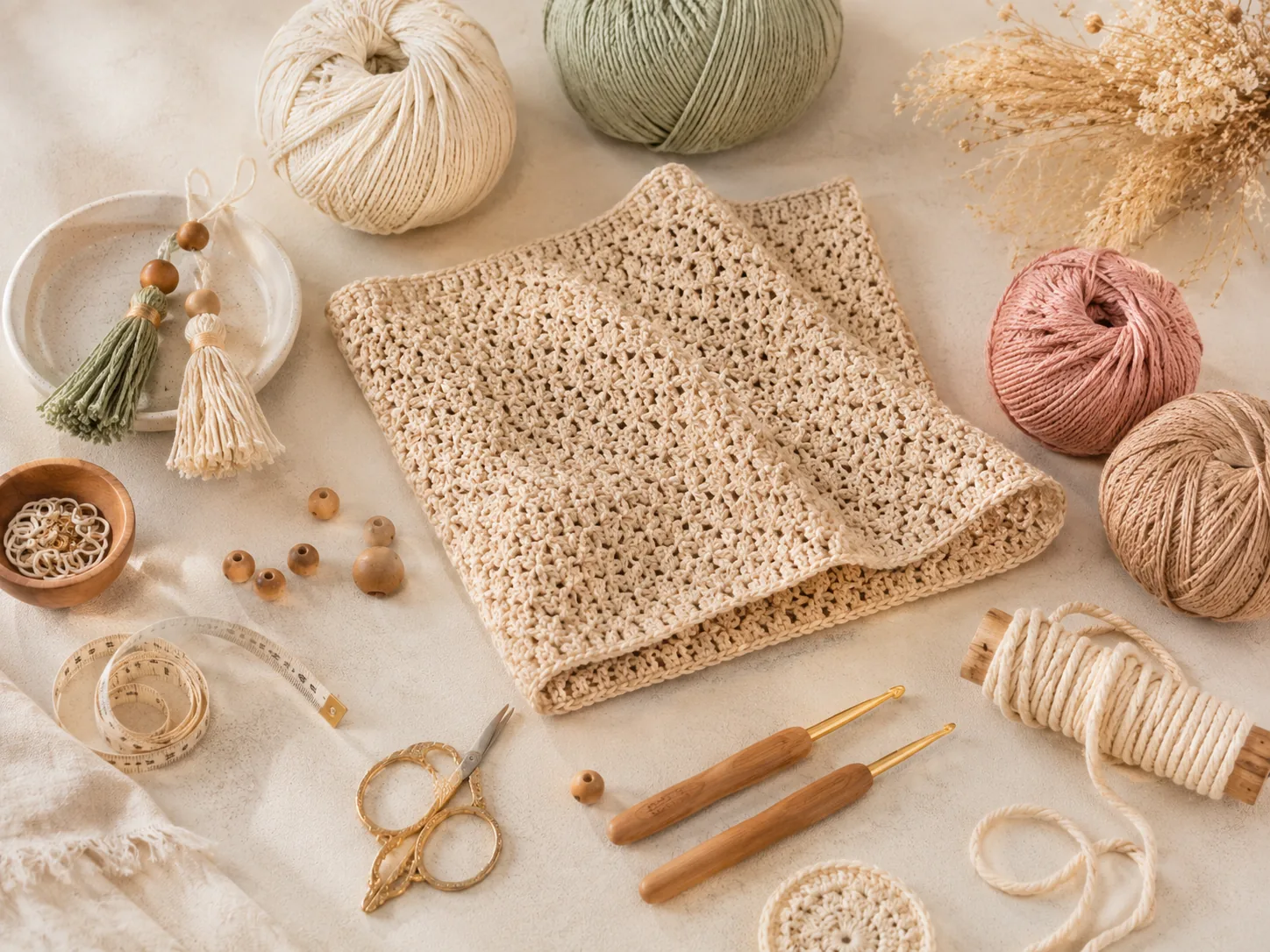 Yarn, crochet hooks, beads, tassels, measuring tape and bag-making materials on a neutral workspace