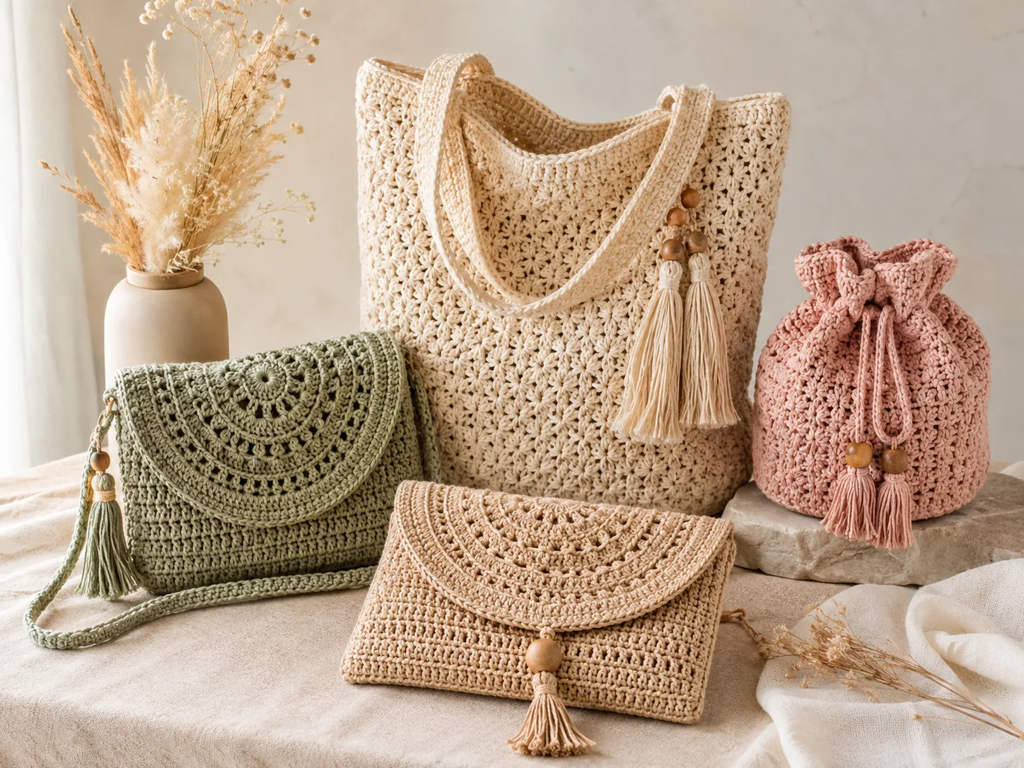 Handmade tote, crossbody, clutch and drawstring bag styles in cream, sage and blush tones