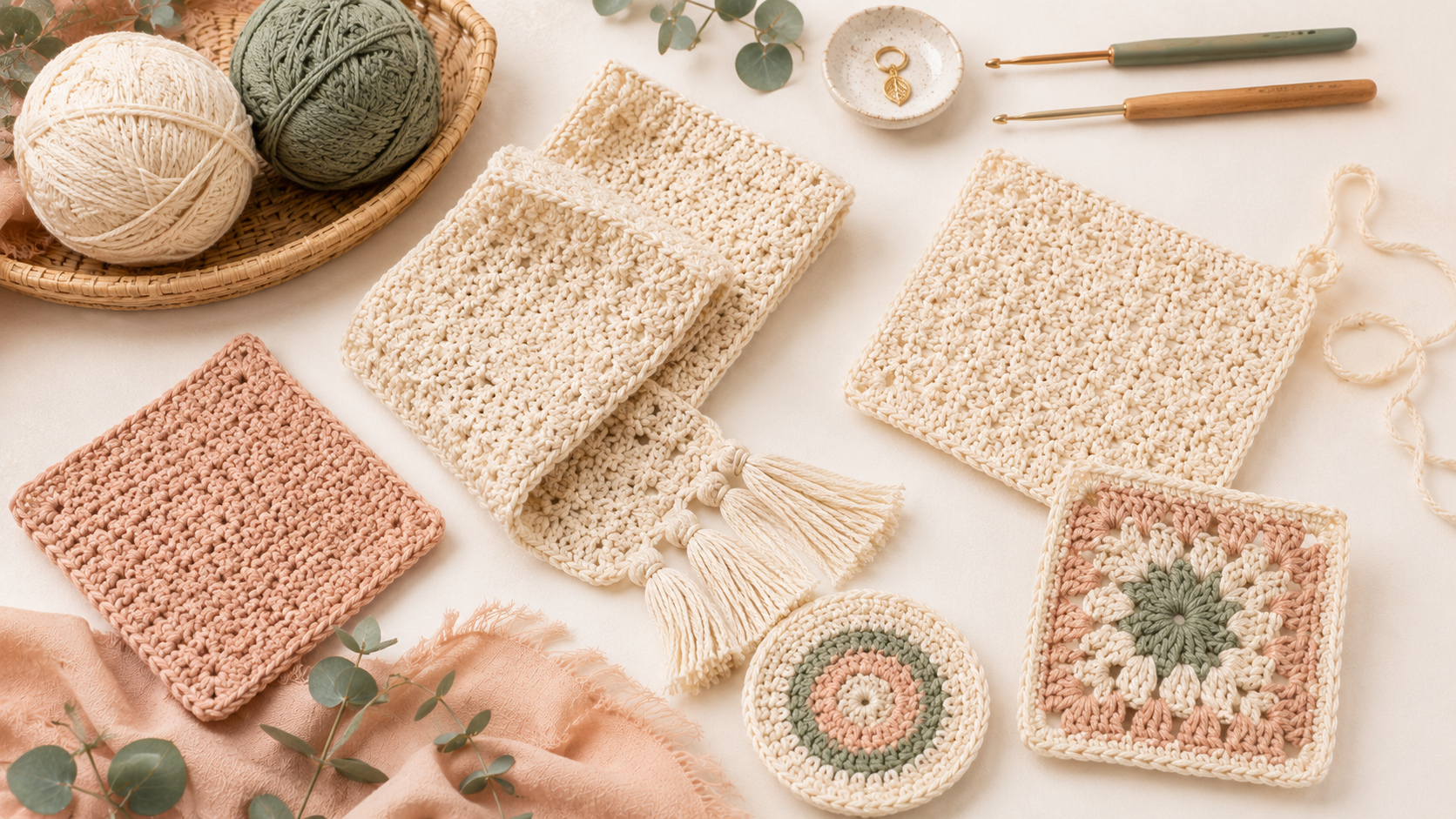 Beginner crochet stitch samples and simple crochet pieces in cream, blush and sage yarn