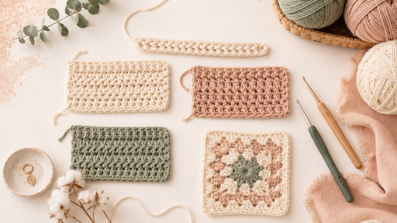Crochet yarn, hooks and beginner stitch samples arranged on a soft neutral workspace