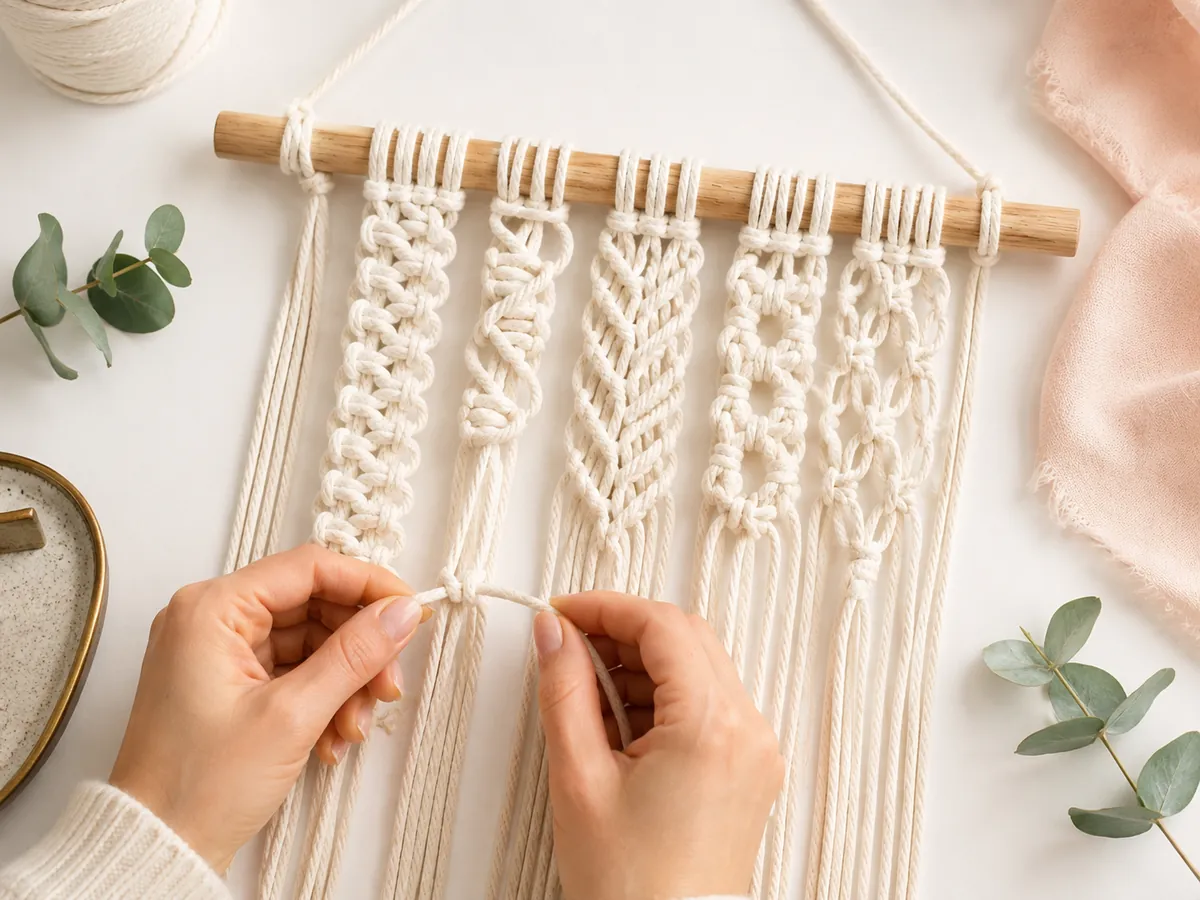 Hands practicing several beginner macrame knot patterns on cotton cord