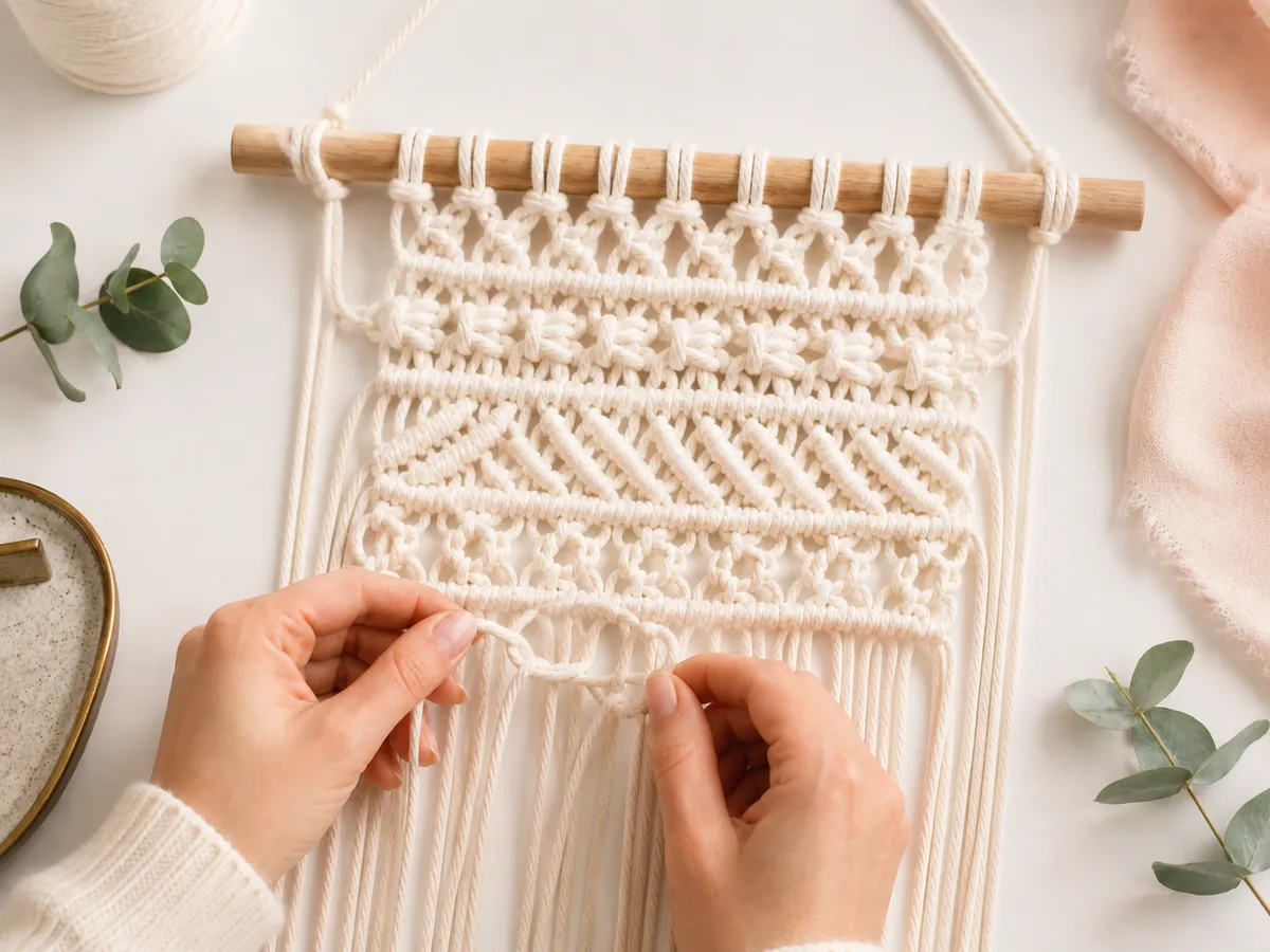 Hands making structured macrame rows with square and half hitch knot patterns