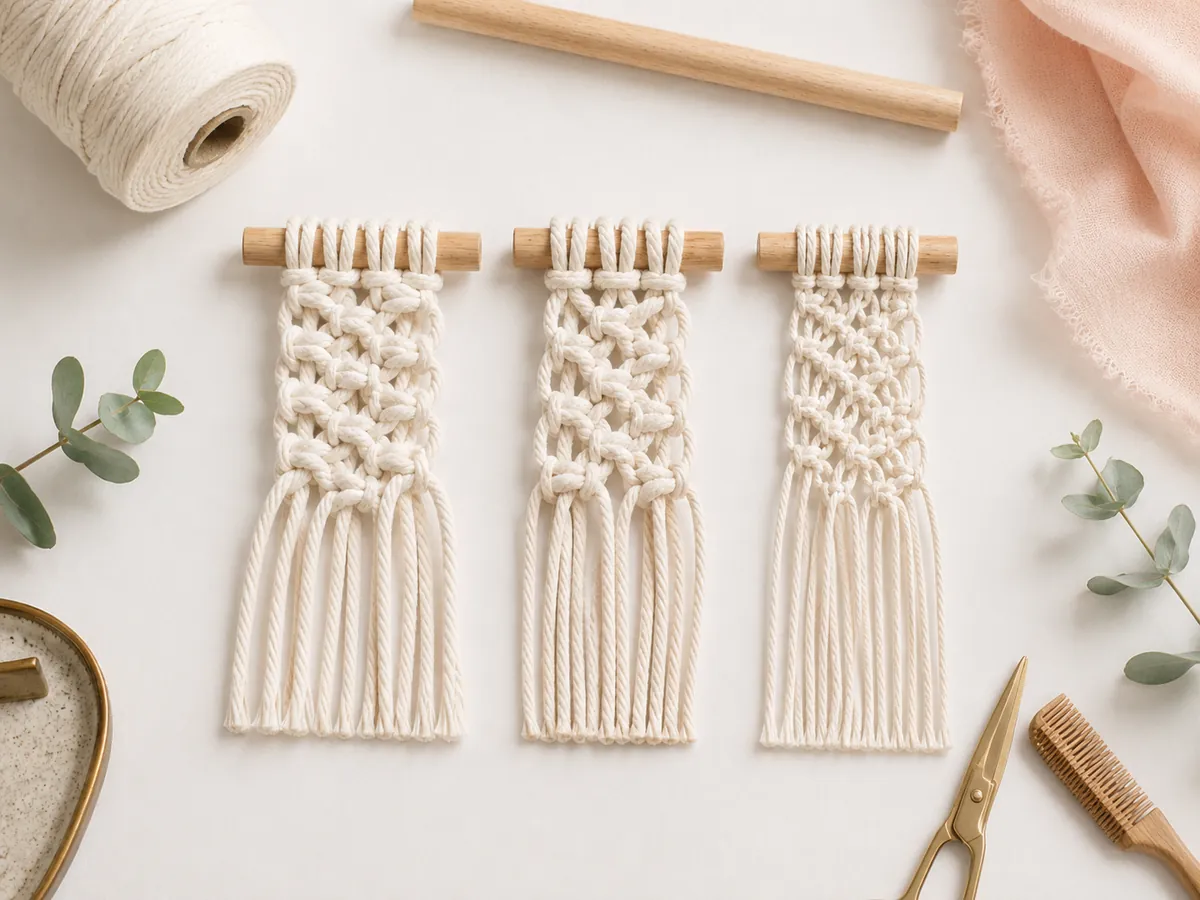 Three small macrame knot practice samples showing different textures