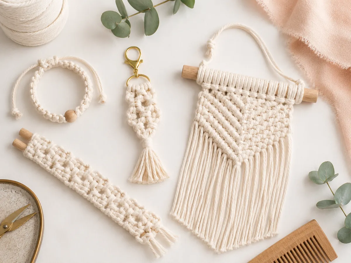 Small macrame projects made with basic knots including bracelet keychain wall hanging and woven band