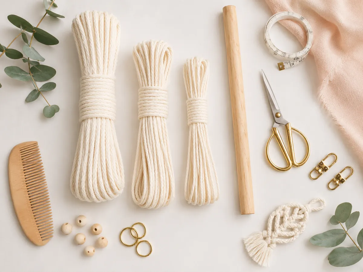 Macrame beginner supplies with cotton cord scissors dowel tape measure beads and tools