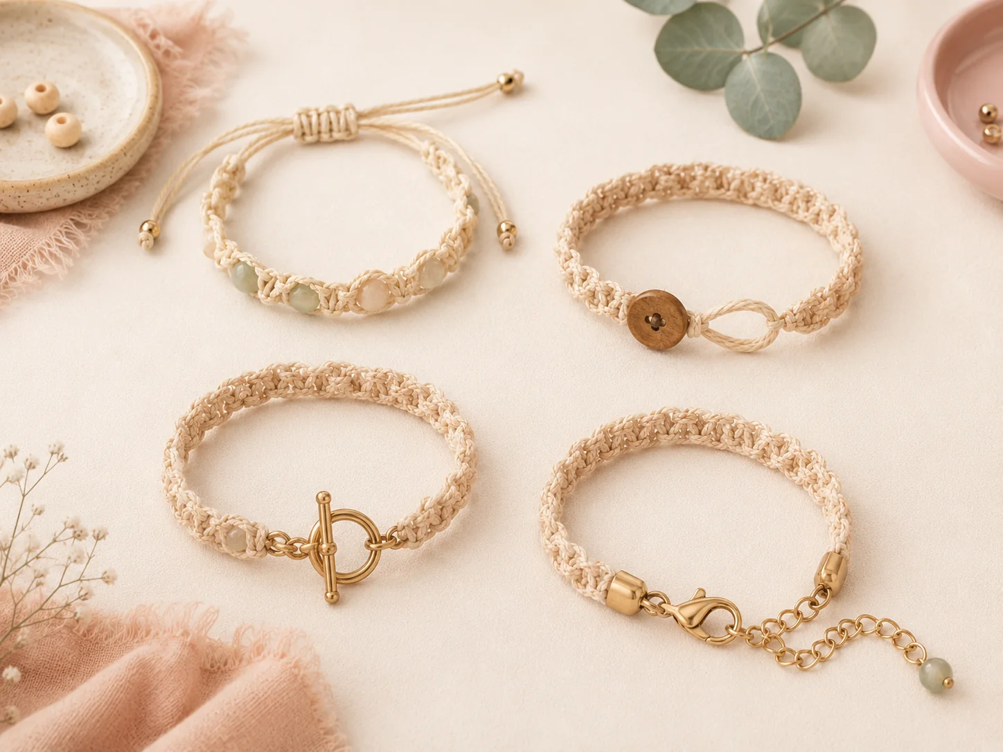 Macrame bracelet closure examples including sliding knot button loop toggle and lobster clasp