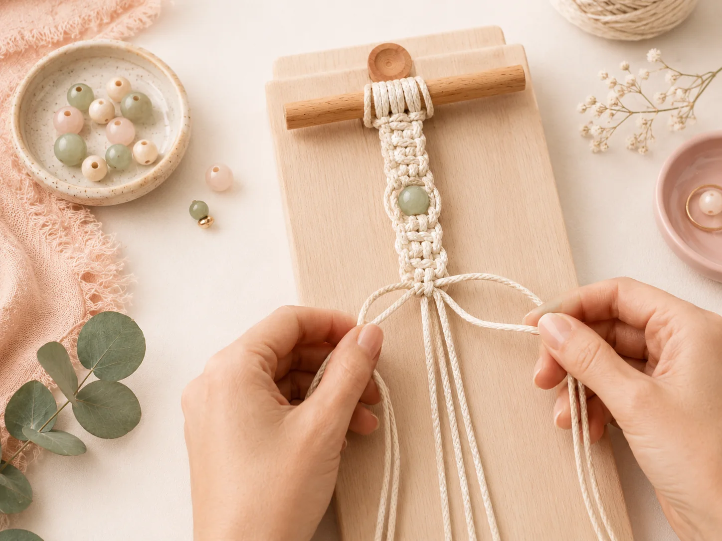 Hands making a macrame bracelet with cotton cord and beads on a work board