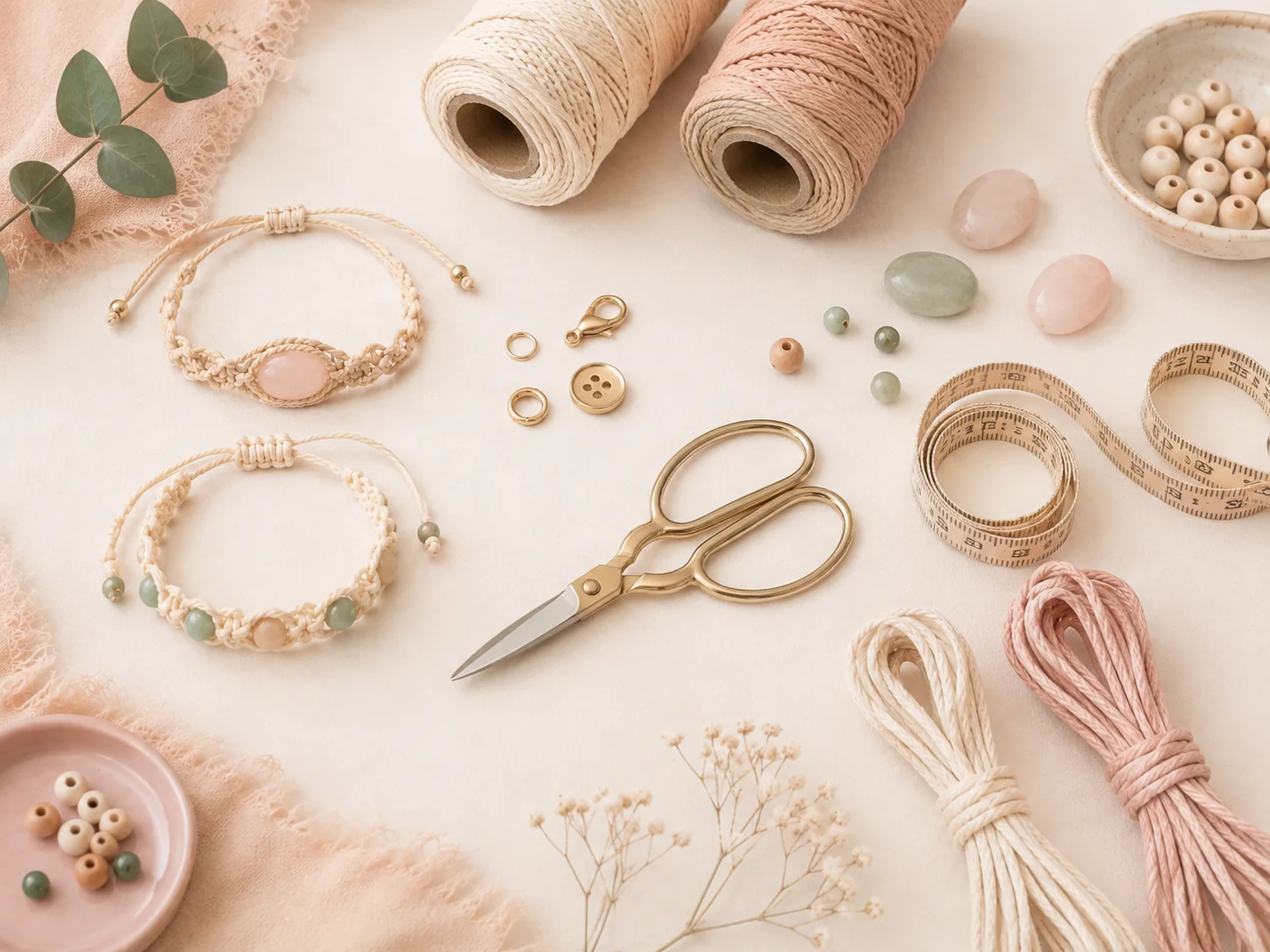 Macrame bracelet materials including cord beads scissors measuring tape clasps and findings
