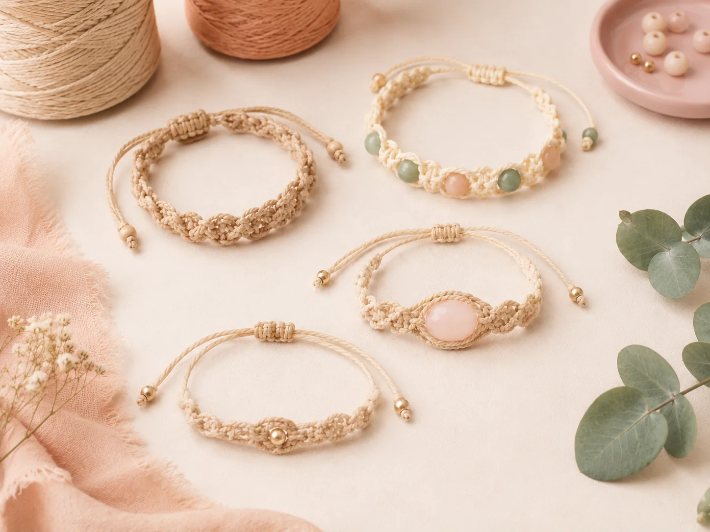 Macrame bracelet patterns showing adjustable knotted beaded and gemstone bracelet styles