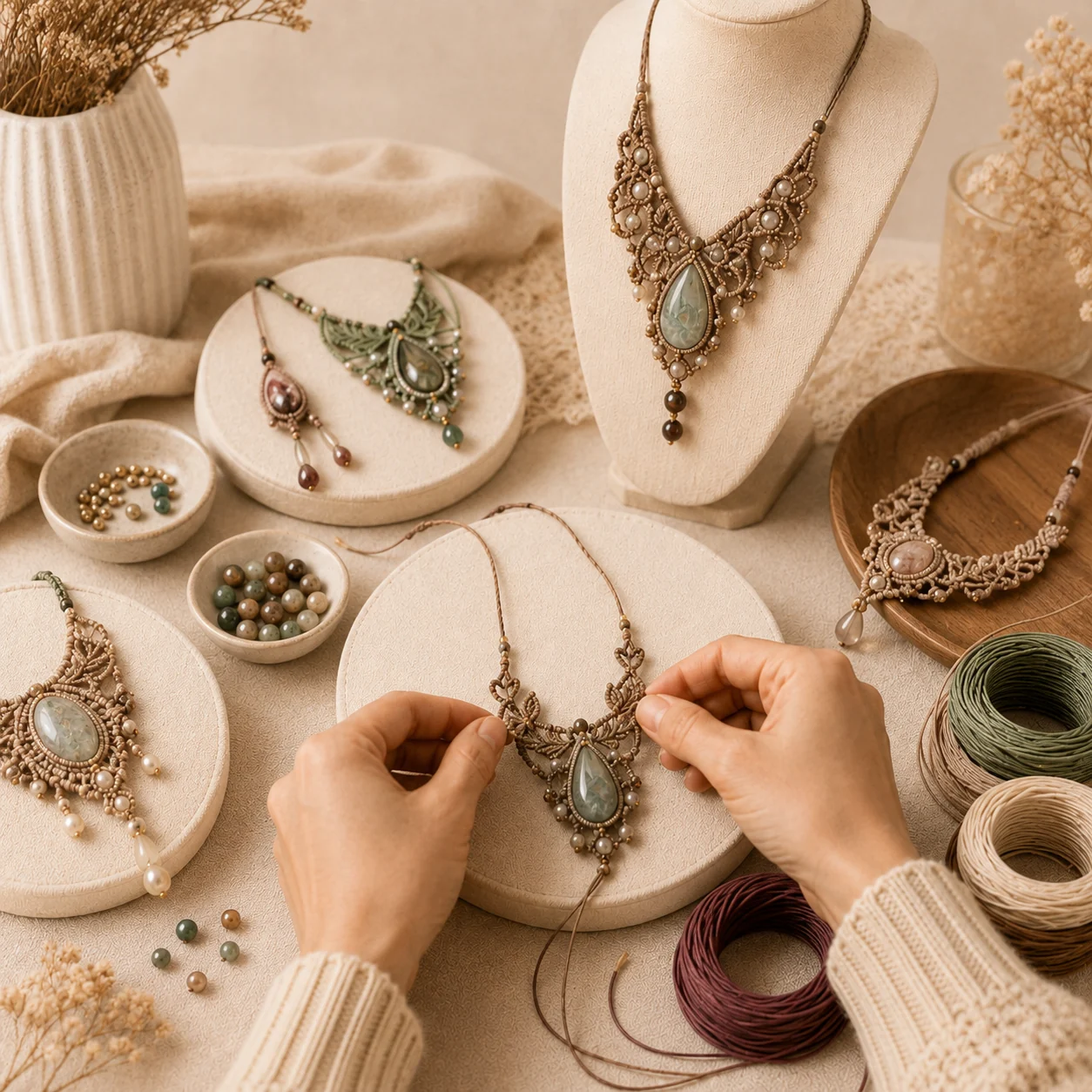Hands making a detailed macrame necklace with gemstone focal piece cord beads and knotting board