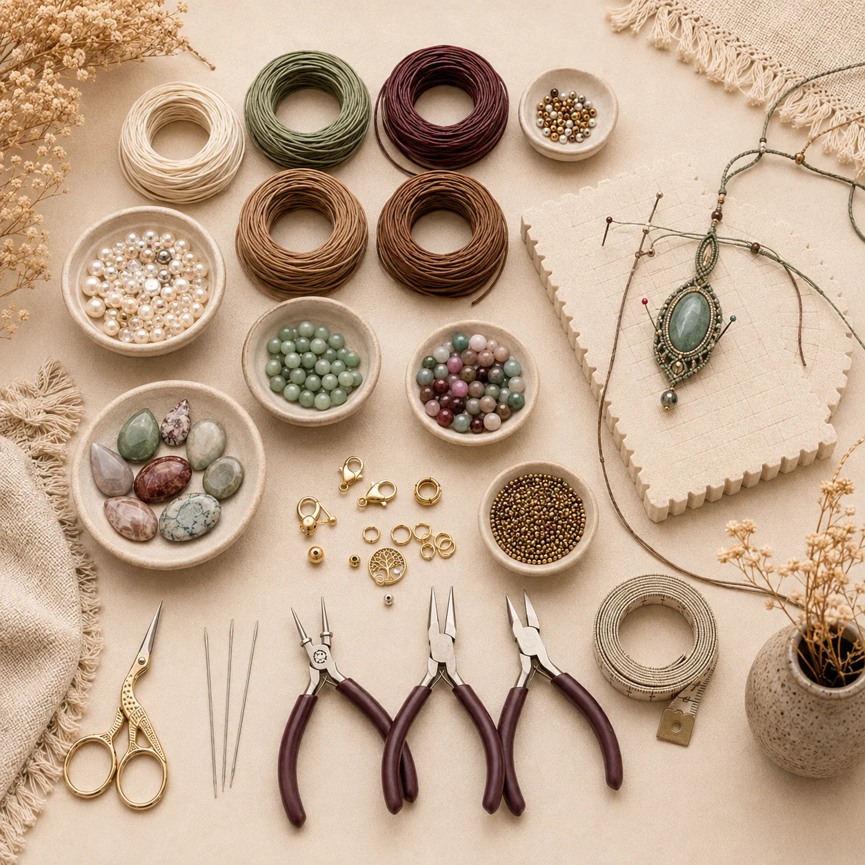 Macrame necklace materials with fine cord beads measuring tape scissors and jewelry tools