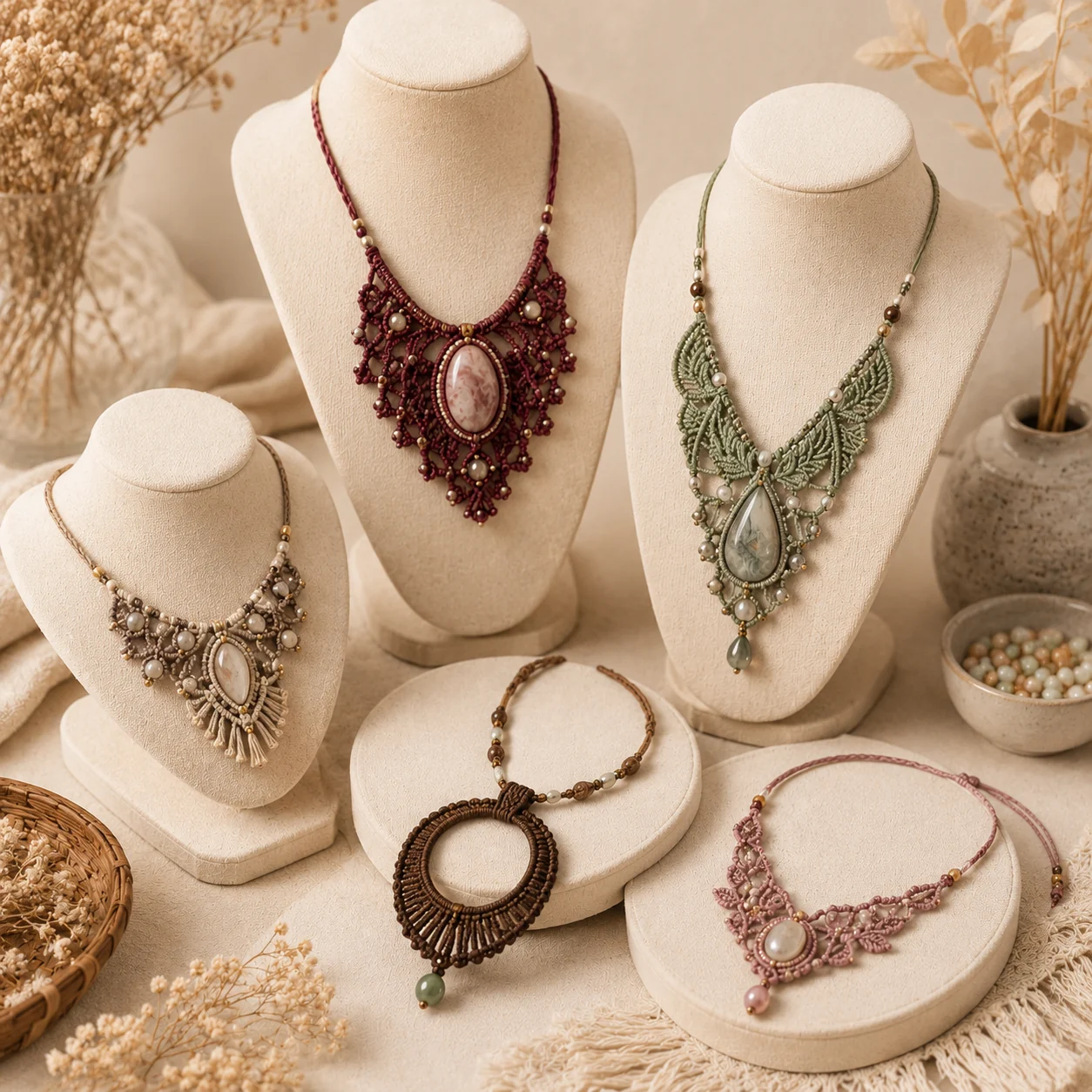 Macrame necklace styles with knotted gemstone pendants and beaded necklace designs