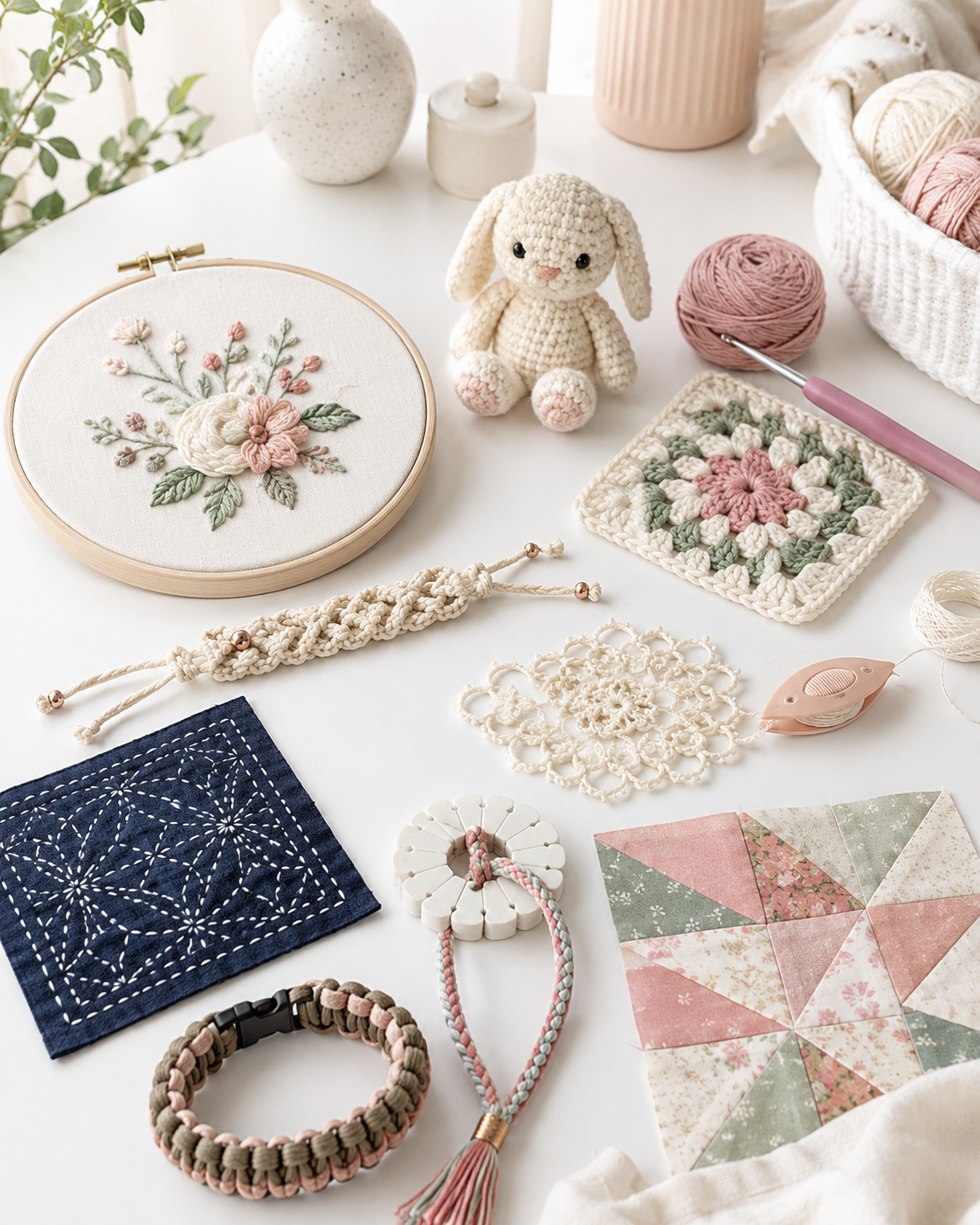 Creative workspace with macrame crochet embroidery tatting quilting and other crafts