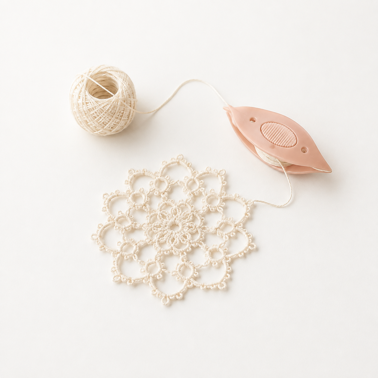 Tatting shuttle thread and lace motif