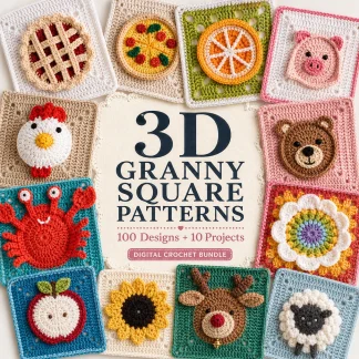 100+ 3D granny square crochet patterns PDF bundle with animal, flower, food and seasonal motifs