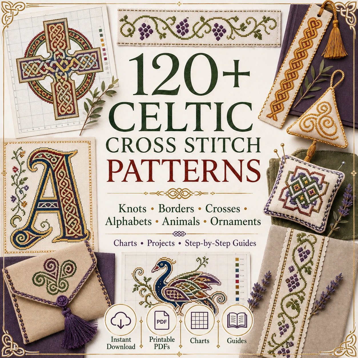 120 plus Celtic cross stitch patterns with knotwork alphabets animals borders and Celtic motifs
