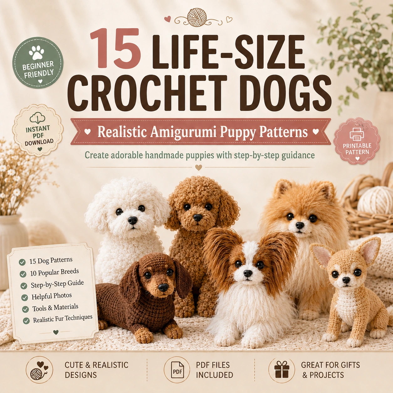 15 life size crochet dog patterns with realistic amigurumi puppy designs