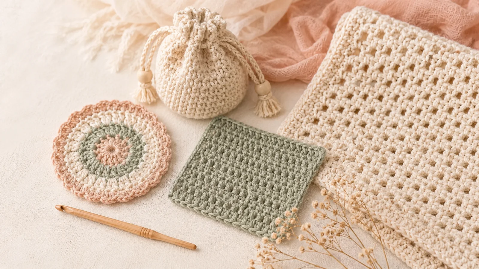 Crochet project examples using double crochet including blankets accessories and textured pieces