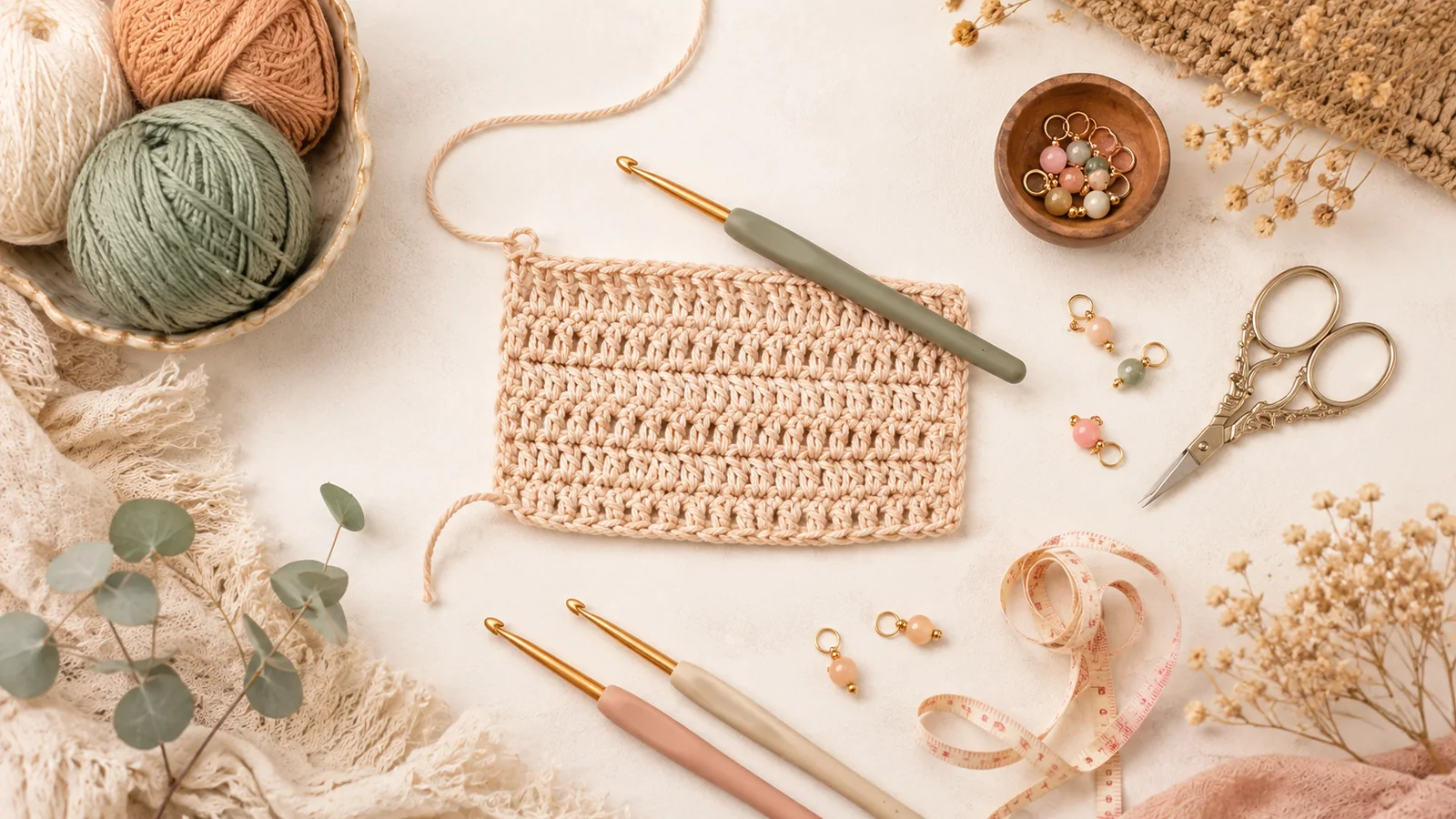 Double crochet rows and stitch counting practice with crochet swatches