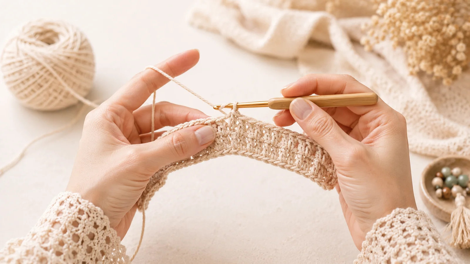 Close-up of double crochet stitch practice with yarn and crochet hook