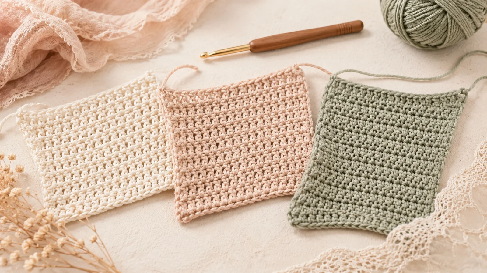 Crochet stitch swatches showing different heights and textures