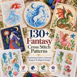 130+ fantasy cross stitch patterns with fairies dragons unicorns mermaids wizards and counted PDF designs