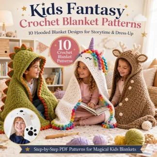 10 kids hooded crochet blanket patterns PDF bundle with dinosaur unicorn princess bear and animal blanket designs