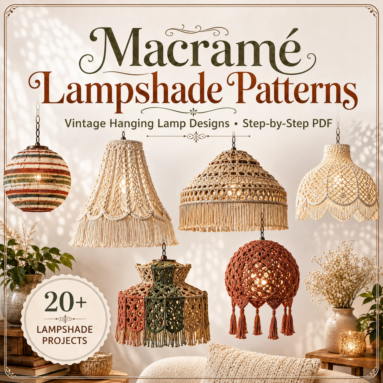 vintage macrame lampshade pattern bundle with boho chandeliers hanging lamps and decorative lighting designs