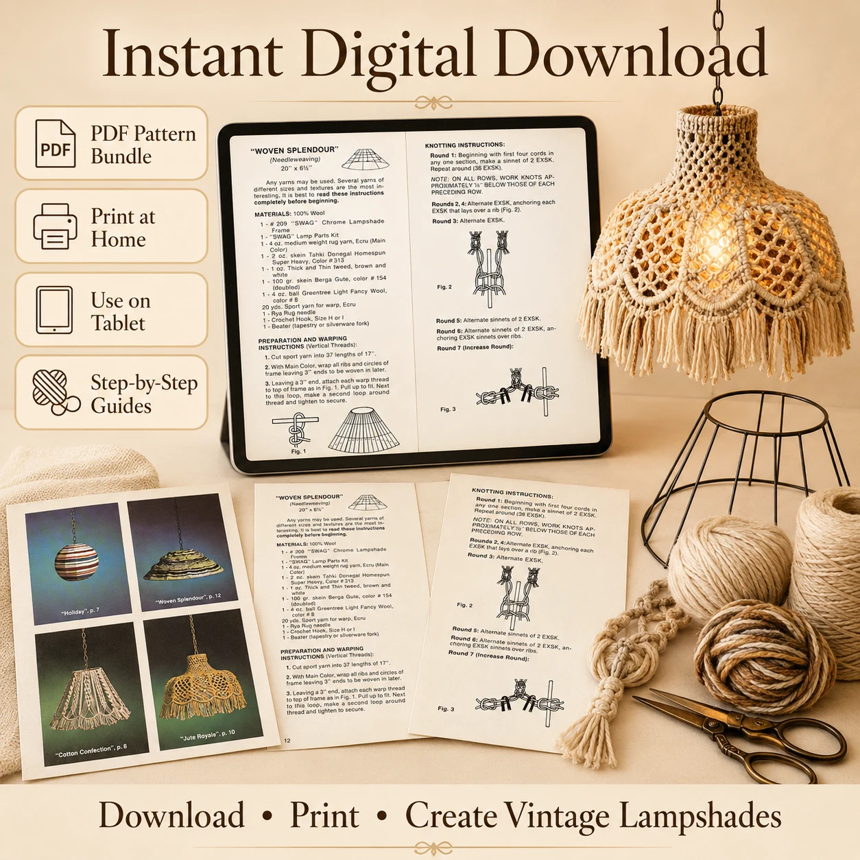Macrame Lampshade Pattern Bundle | Vintage Boho Chandelier & Hanging Lamp PDF - Image 6