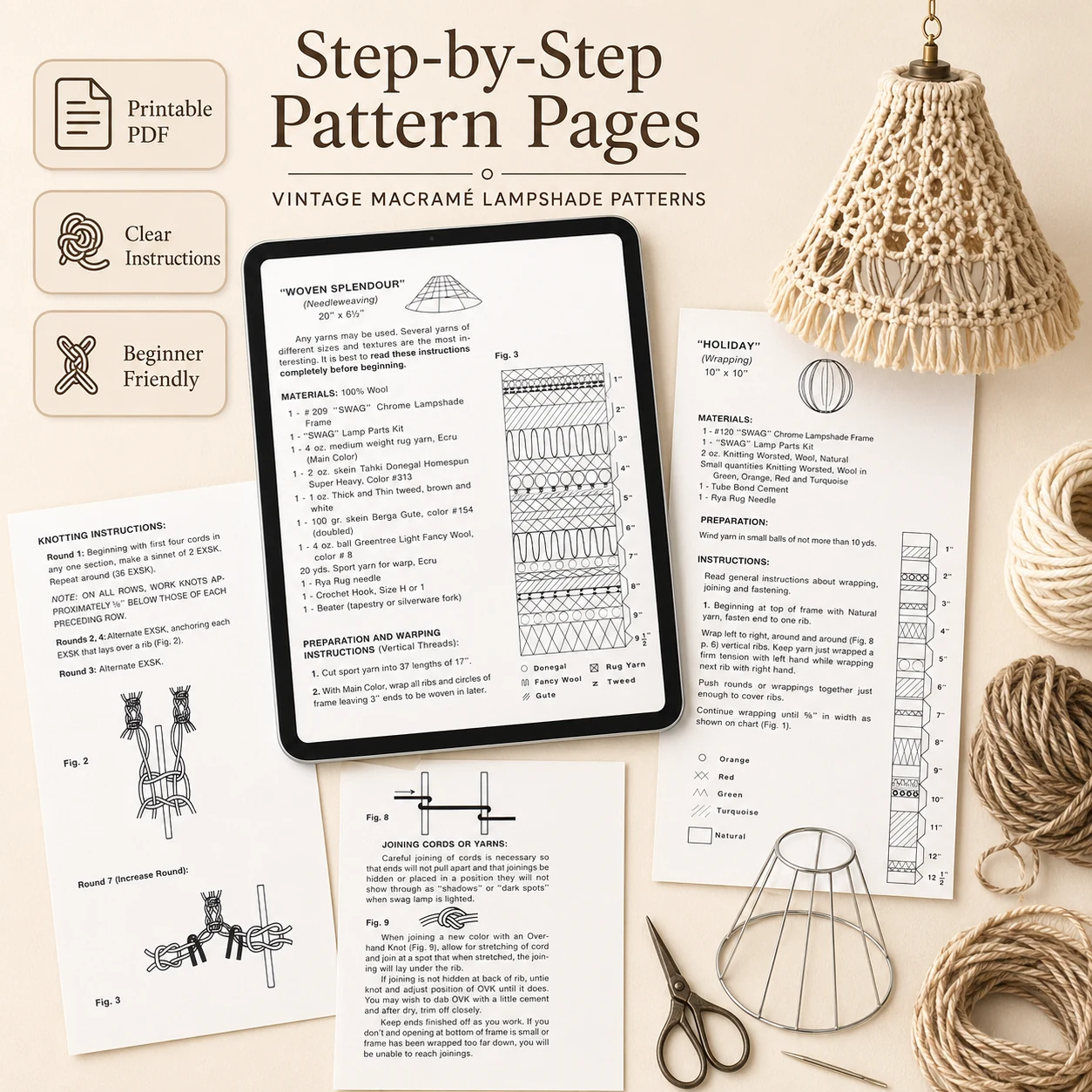 Macrame Lampshade Pattern Bundle | Vintage Boho Chandelier & Hanging Lamp PDF - Image 4