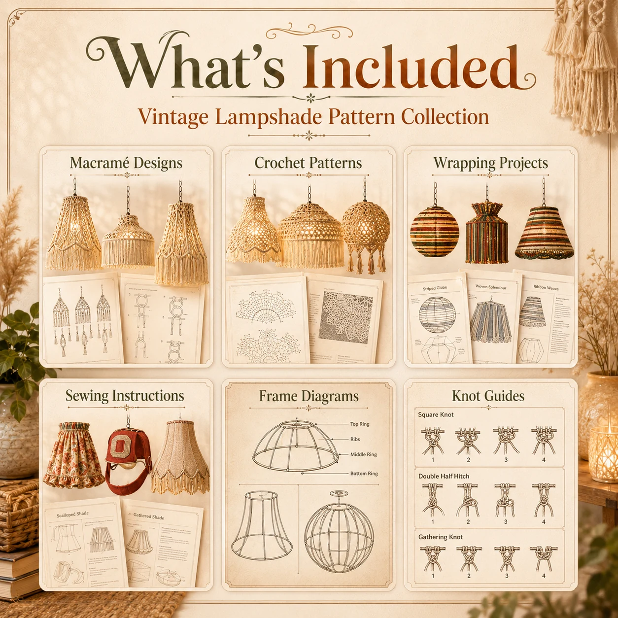 Macrame Lampshade Pattern Bundle | Vintage Boho Chandelier & Hanging Lamp PDF - Image 2