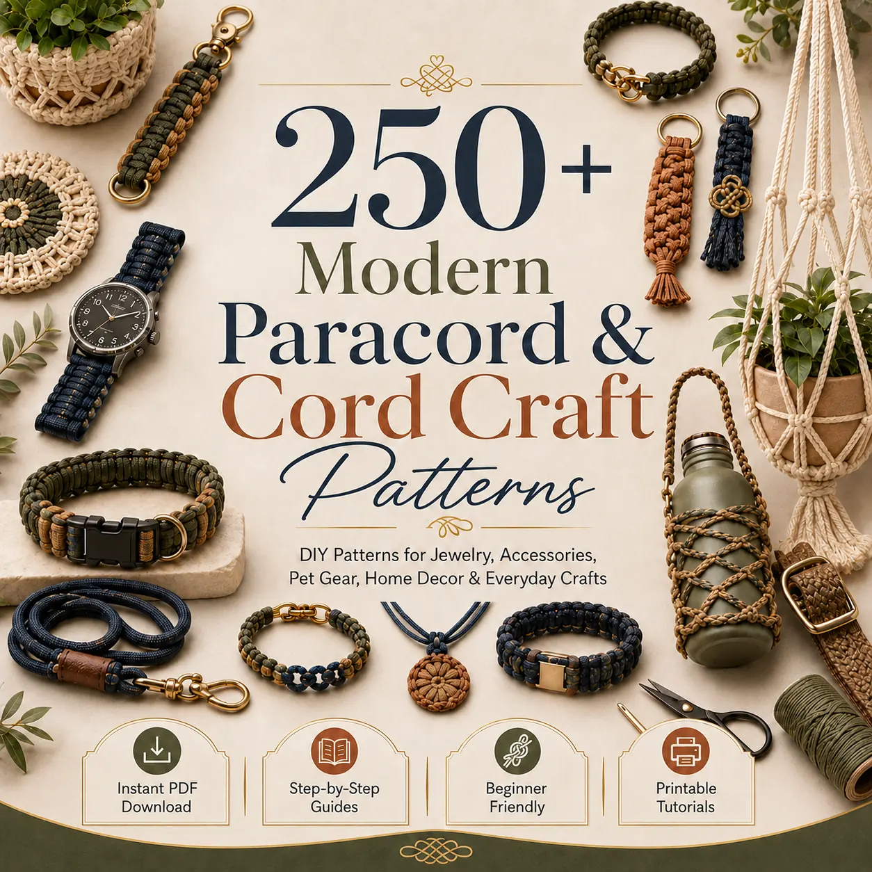 250 plus modern paracord and cord craft patterns with bracelets keychains pet gear bag handles home decor and everyday accessories