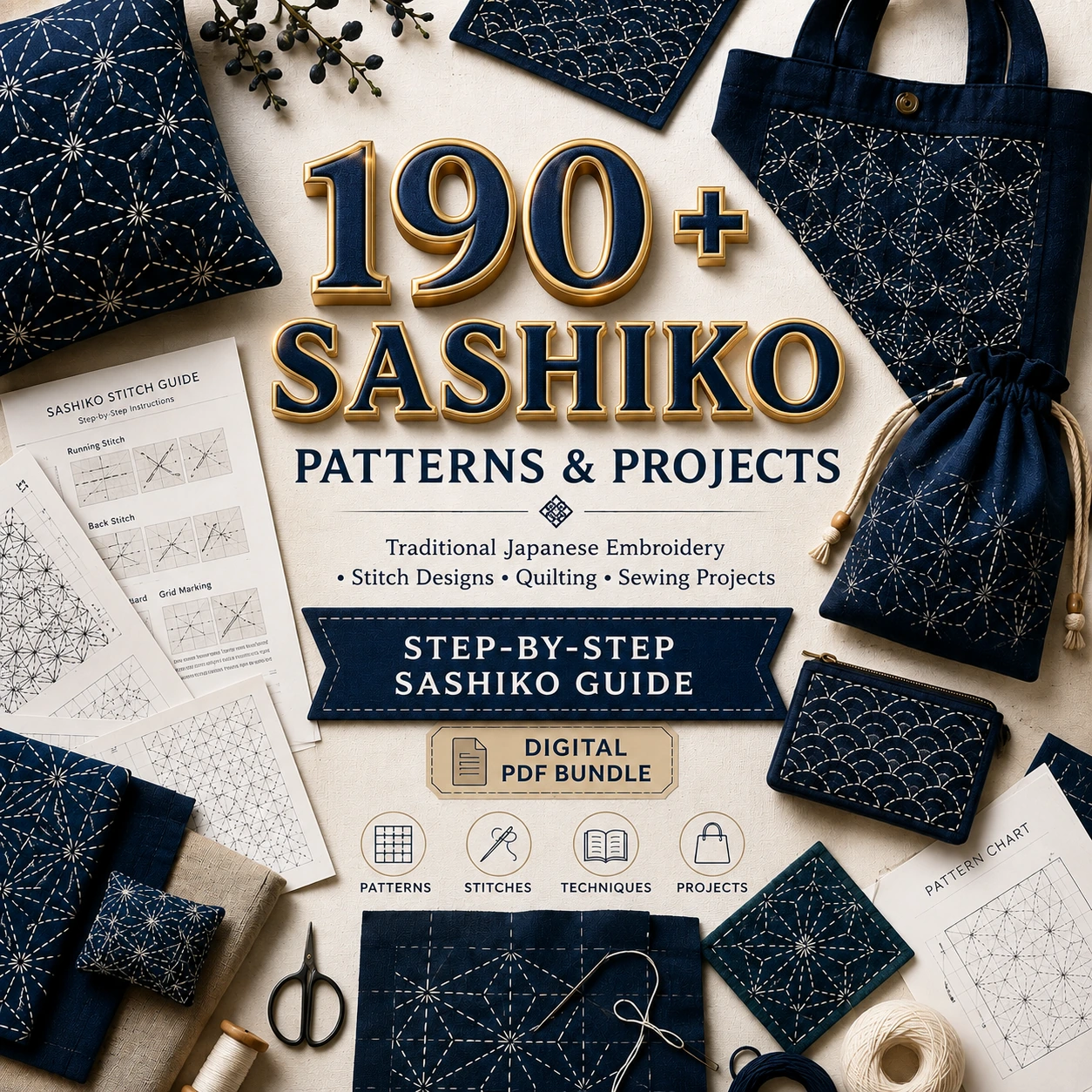 190 plus Sashiko patterns and projects with traditional Japanese embroidery, geometric designs, quilting and sewing projects