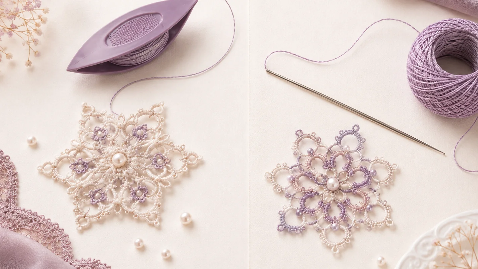 Shuttle tatting and needle tatting tools shown side by side