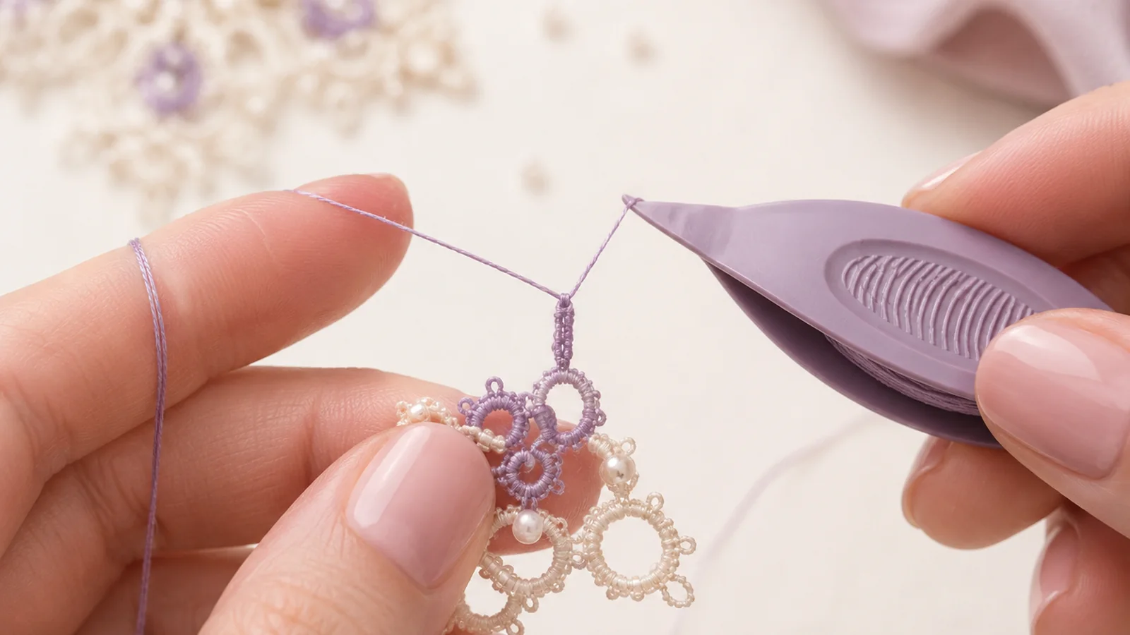 Close-up of beginner tatting double stitches forming on thread