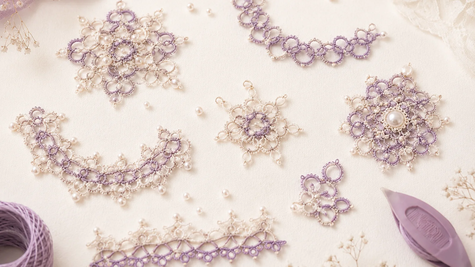 Tatted lace showing rings chains picots and joined motifs