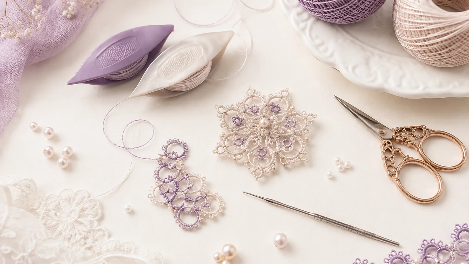 Tatting shuttle with thread scissors and beginner lace-making supplies